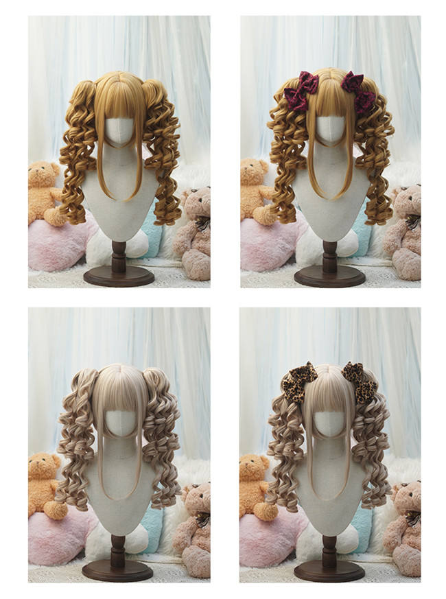 Yuchashui Retro Sweetheart Bobo Cut Lolita Wig and Curls Double Ponytails