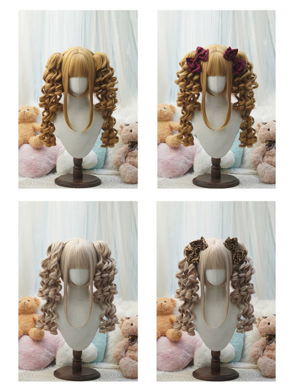 Yuchashui Retro Sweetheart Bobo Cut Lolita Wig and Curls Double Ponytails
