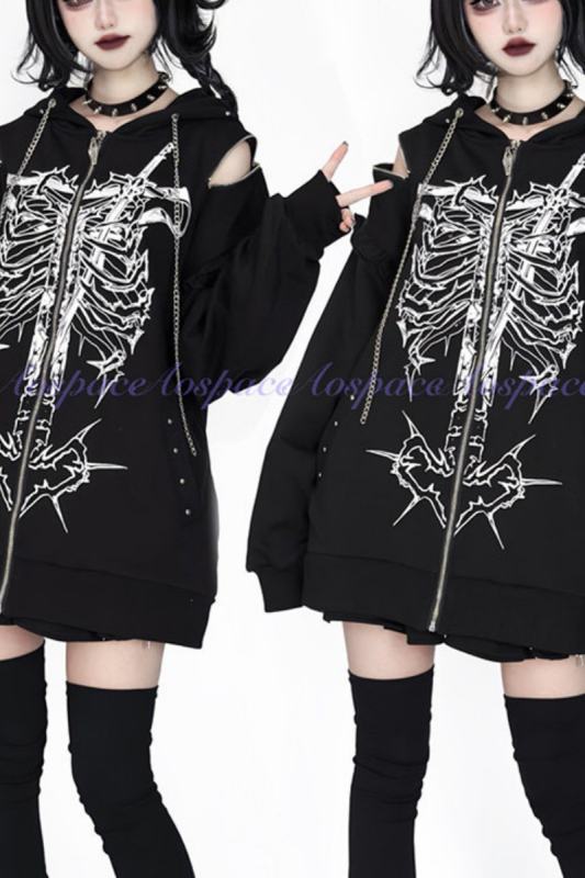 AO Space Bone Heart Off Shoulder Printed Black Hoodie Jirai Kei Clothing