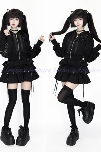 AO Space Satin Witch Black Overcoat Lace Up Skirt Jirai Kei Outfits