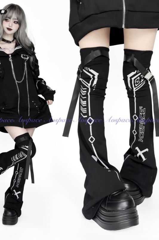 AO Space Cyber Road Printed Above Knee High Kuro Leg Covers Jirai Kei Clothes