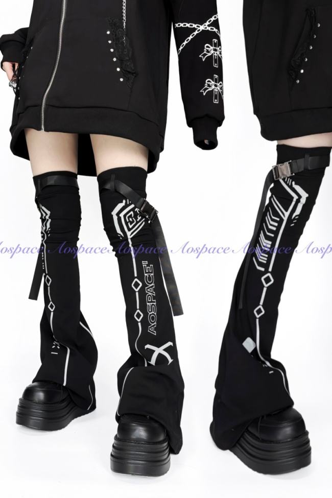AO Space Cyber Road Printed Above Knee High Kuro Leg Covers Jirai Kei Clothes