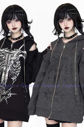 AO Space Bone Heart Off Shoulder Printed Black Hoodie Jirai Kei Clothing