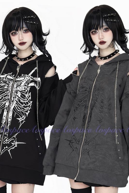 AO Space Bone Heart Off Shoulder Printed Black Hoodie Jirai Kei Clothing