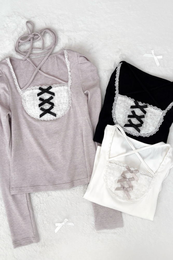 Nekura Pink Knitted Lace Tie Top Jirai Kei Outfits