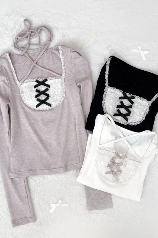 Nekura Pink Knitted Lace Tie Top Jirai Kei Outfits