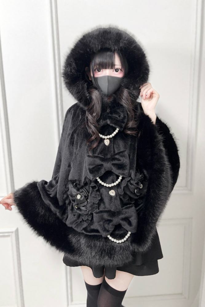Nekura Fluffy Kuro Bow Hoodie Cape Jirai Kei Fashion