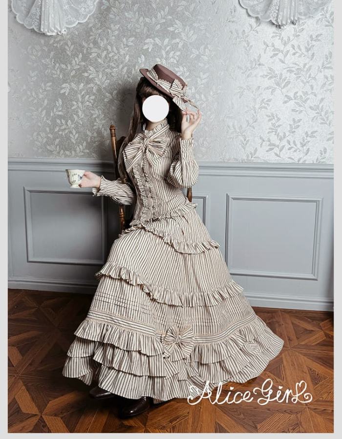 Alice Girl Duke of Victoria Classic Lolita Stripe Skirt, Corset Overskirt, Blouse and Coat