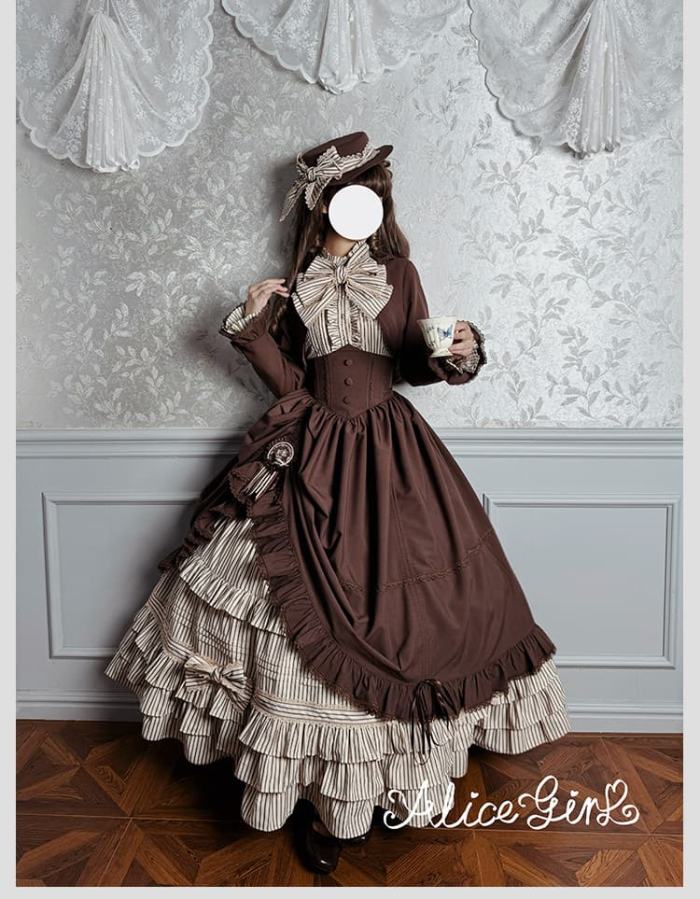 Alice Girl Duke of Victoria Classic Lolita Stripe Skirt, Corset Overskirt, Blouse and Coat