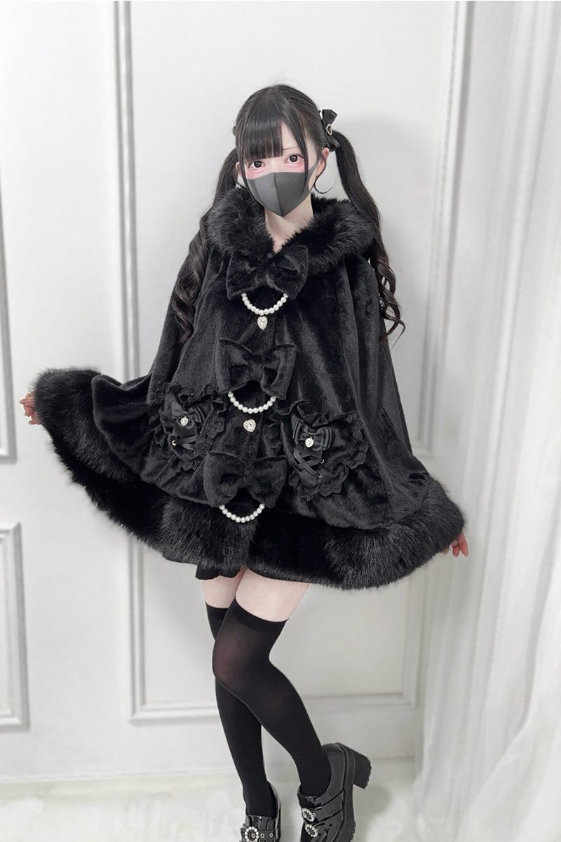 Nek Fluffy Kuro Bow Hoodie Cape Jirai Kei Fashion