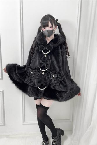 Nekura Fluffy Kuro Bow Hoodie Cape Jirai Kei Fashion