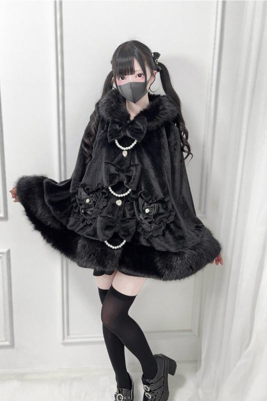 Nekura Fluffy Kuro Bow Hoodie Cape Jirai Kei Fashion