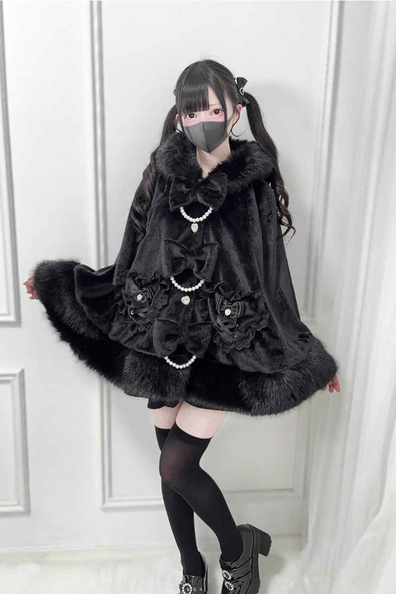 Nek Fluffy Kuro Bow Hoodie Cape Jirai Kei Fashion