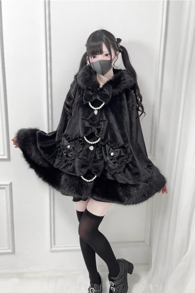 Nekura Fluffy Kuro Bow Hoodie Cape Jirai Kei Fashion