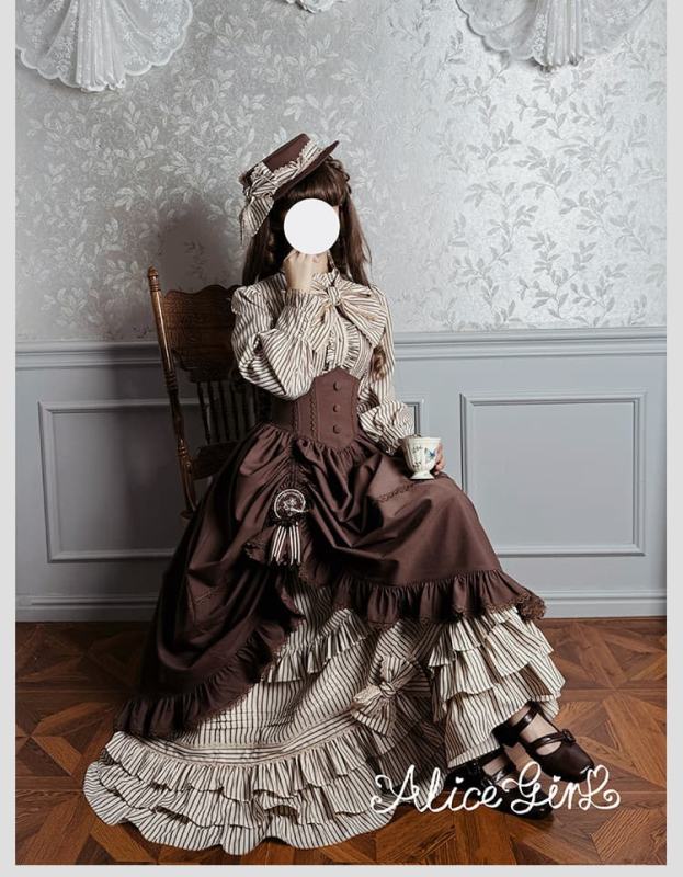 Alice Girl Duke of Victoria Classic Lolita Stripe Skirt, Corset Overskirt, Blouse and Coat