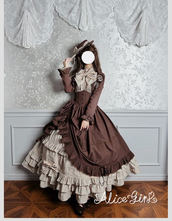 Alice Girl Duke of Victoria Classic Lolita Stripe Skirt, Corset Overskirt, Blouse and Coat