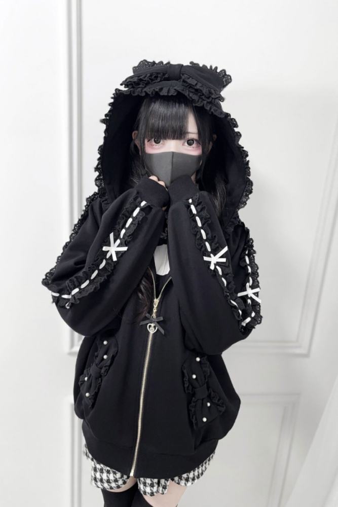 Nekura Kuro Lacework Hooded Coat Jirai Kei Clothes