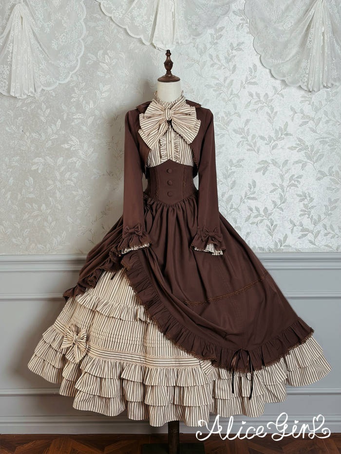 Alice Girl Duke of Victoria Classic Lolita Stripe Skirt, Corset Overskirt, Blouse and Coat