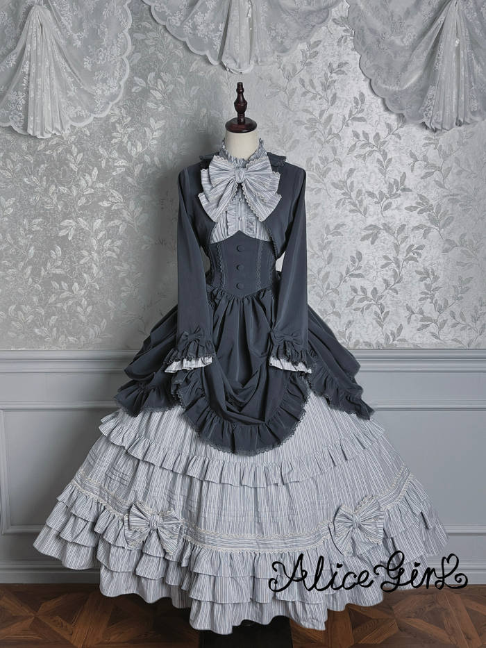 Alice Girl Duke of Victoria Classic Lolita Stripe Skirt, Corset Overskirt, Blouse and Coat