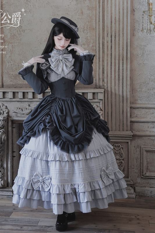 Alice Girl Duke of Victoria Classic Lolita Stripe Skirt, Corset Overskirt, Blouse and Coat