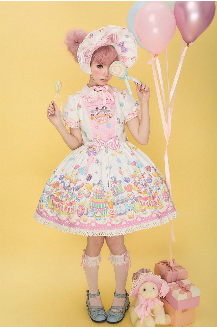 Antique Cat Dessert Landワンピース　ロリータ　スイーツ柄 Retro Cat Dessert Land OP JSK Salopette Sweet Lolita Dress