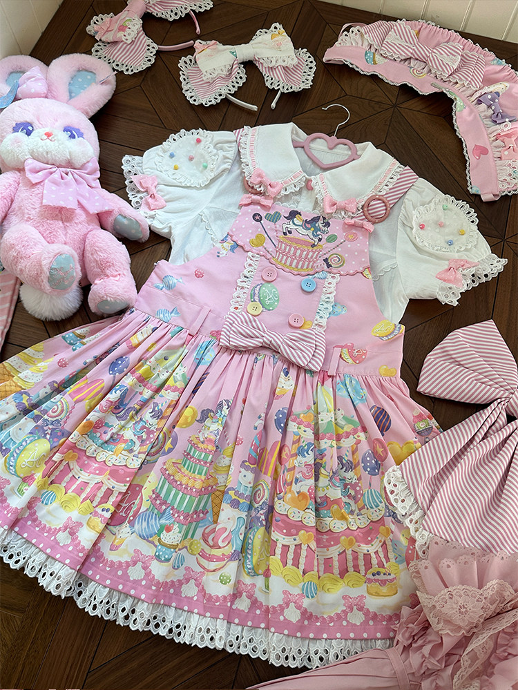 Antique Cat Dessert Landワンピース　ロリータ　スイーツ柄 Retro Cat Dessert Land OP JSK Salopette Sweet Lolita Dress