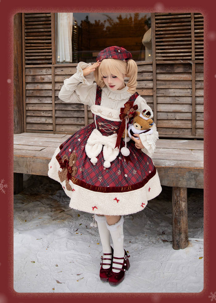 Tantuan Gingerbread Man Gingham Red Black Winter Lolita Dress
