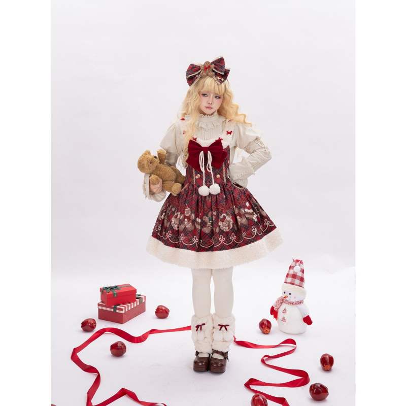 Tantuan Gingerbread Man Gingham Red Black Winter Lolita Dress