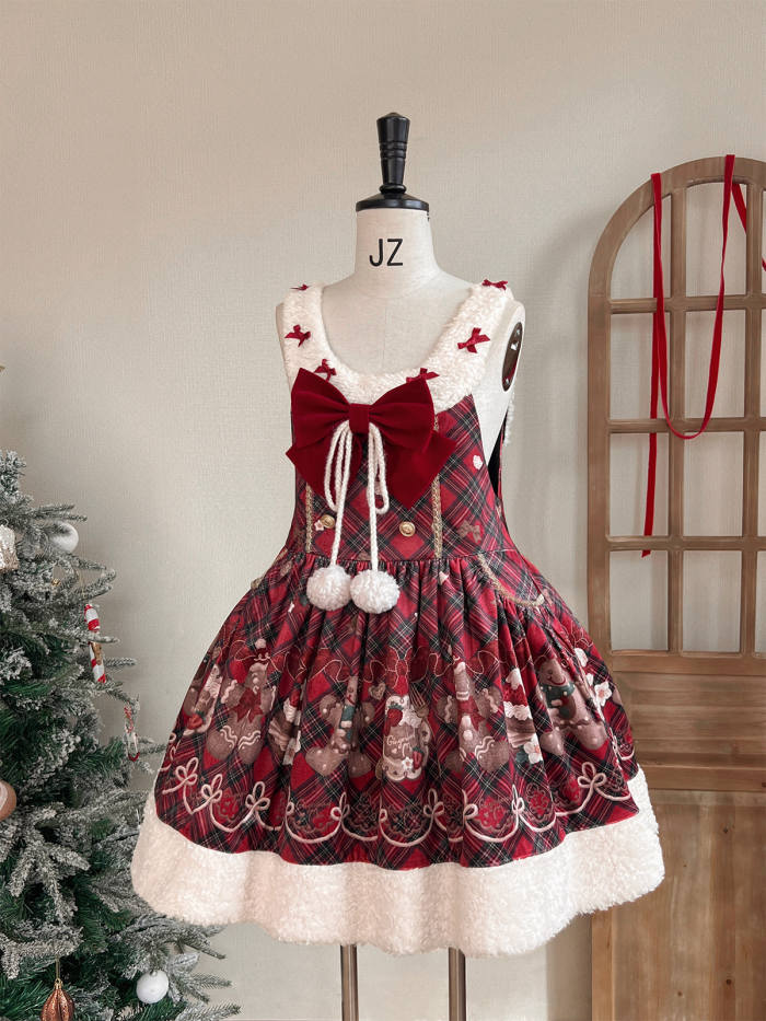 Tantuan Gingerbread Man Gingham Red Black Winter Lolita Dress
