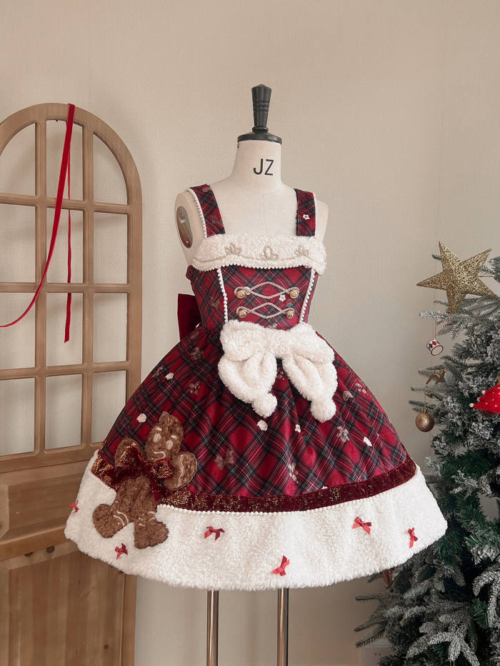 Tantuan Gingerbread Man Gingham Red Black Winter Lolita Dress