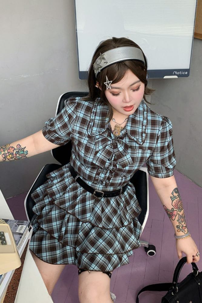 Hard Candy Plus Size Retro Plaid Blouse and Cake Shaped Skirt