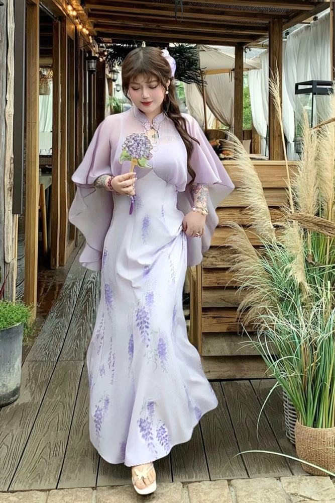 Hard Candy Plus Size Gentle Wisteria Cheongsam Long Dress