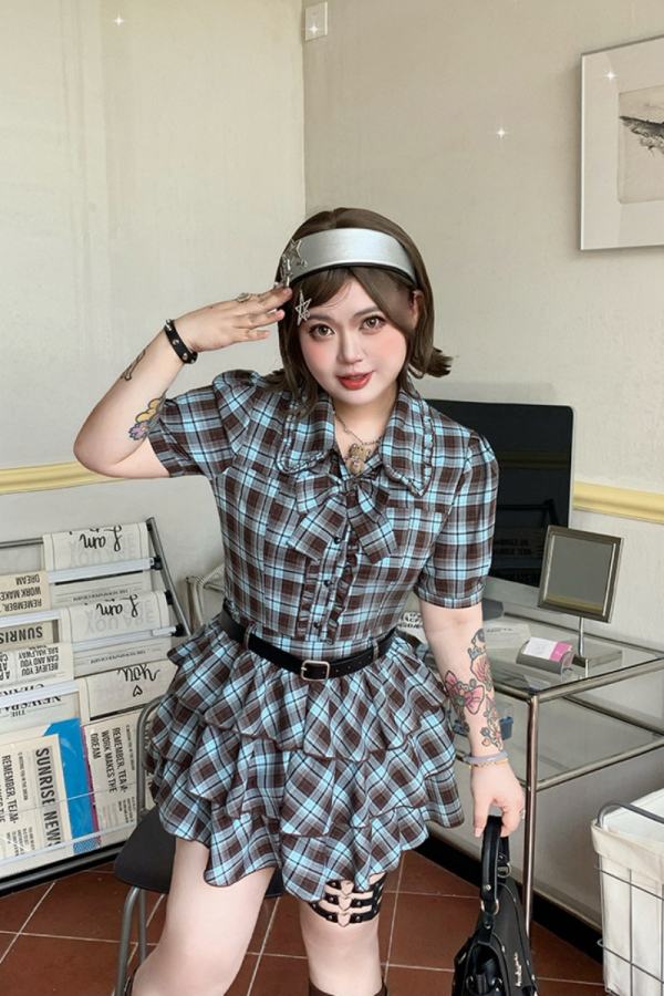 Hard Candy Plus Size Retro Plaid Blouse and Cake Shaped Skirt