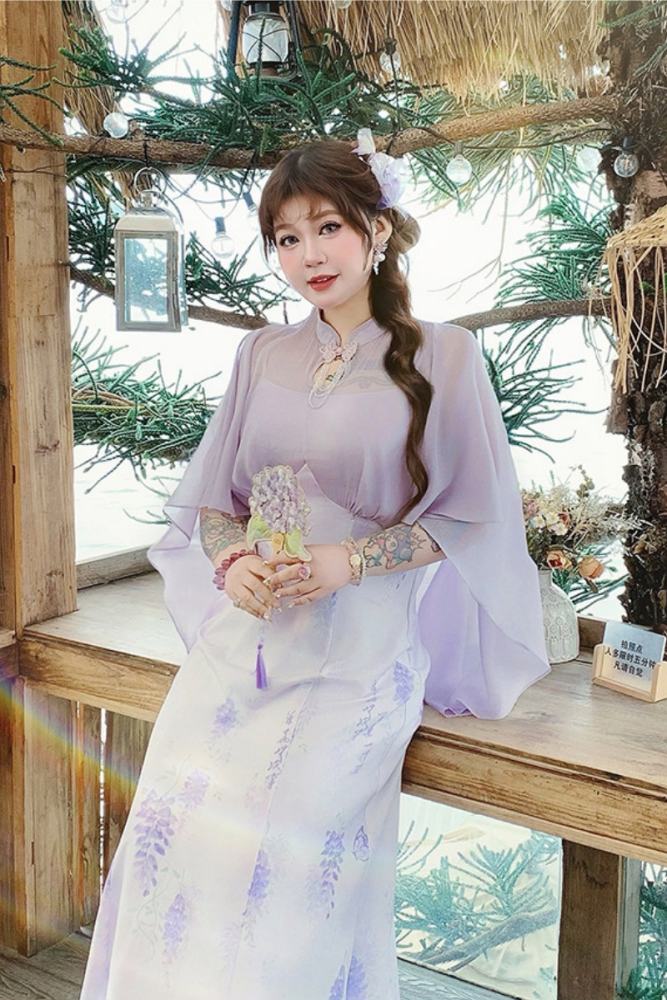 Hard Candy Plus Size Gentle Wisteria Cheongsam Long Dress
