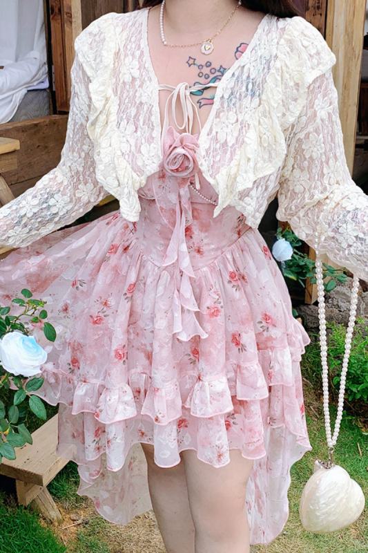 Hard Candy Retro Lace Knitted Flowers Beige Cardigan