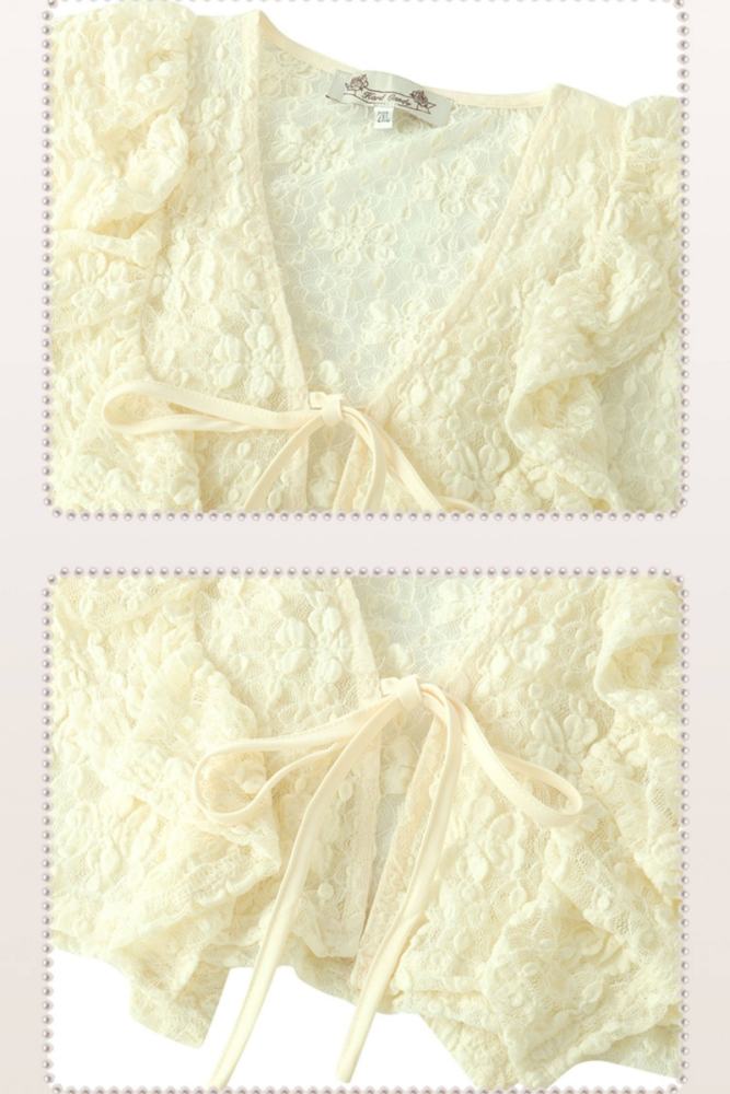 Hard Candy Retro Lace Knitted Flowers Beige Cardigan