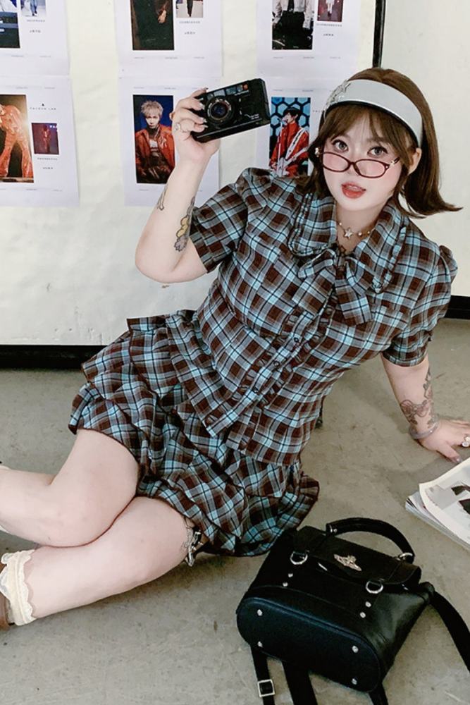 Hard Candy Plus Size Retro Plaid Blouse and Cake Shaped Skirt