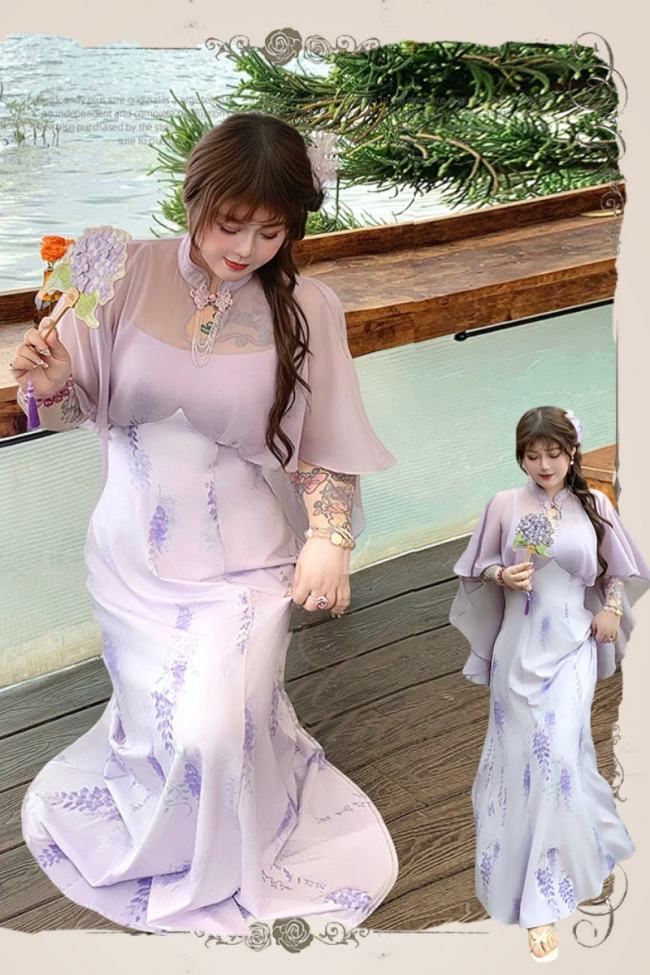 Hard Candy Plus Size Gentle Wisteria Cheongsam Long Dress