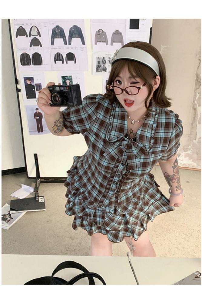 Hard Candy Plus Size Retro Plaid Blouse and Cake Shaped Skirt