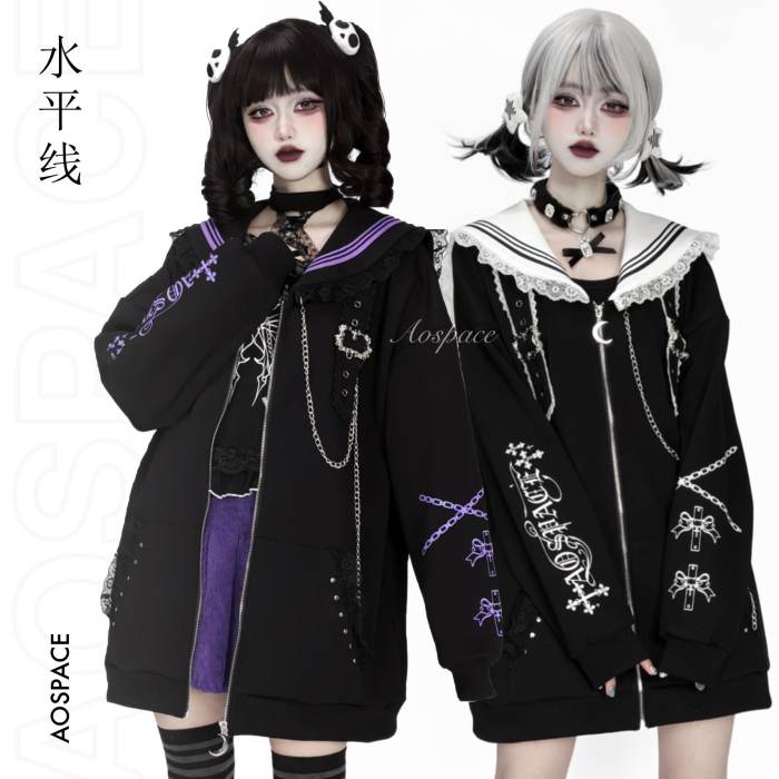 AO Space Sailor Collar Prints Black Overcoat Jirai Kei Clothes