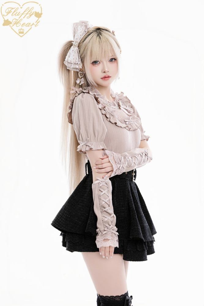 Fluffy Heart Rose Frost Short Sleeve Knitted Black Top Jirai Kei Clothes