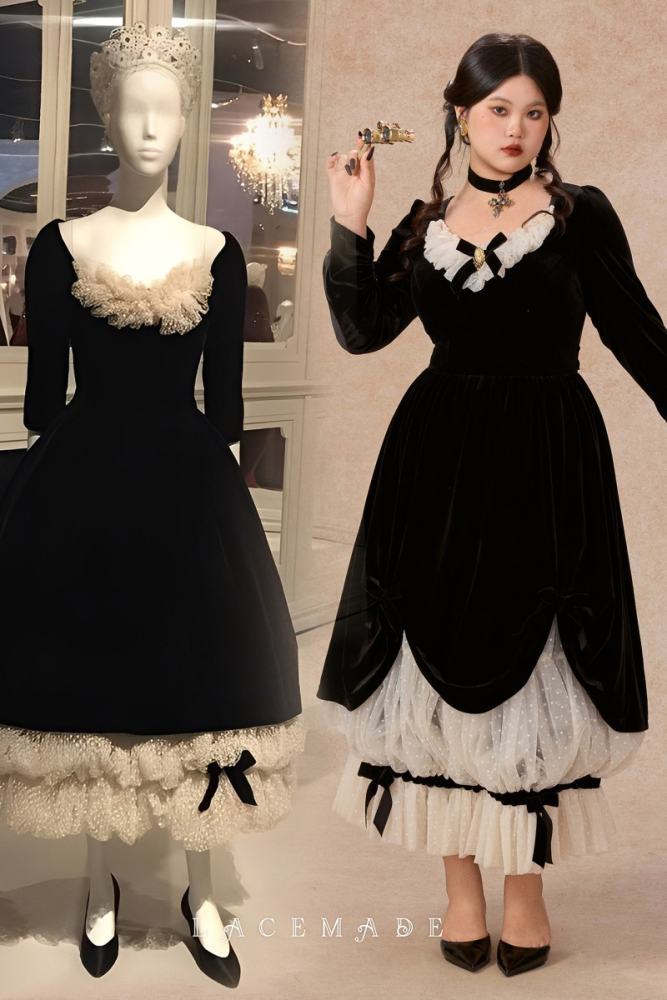 Night Party Lace Halloween Black Velvet Dresses for Women