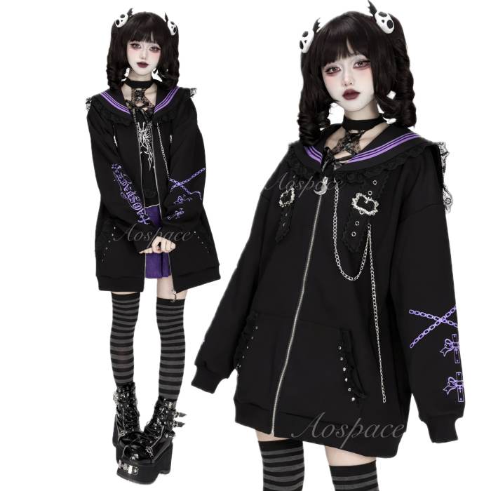 AO Space Sailor Collar Prints Black Overcoat Jirai Kei Clothes