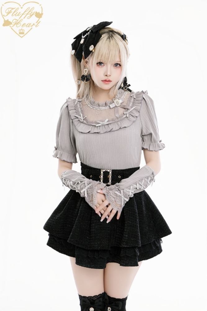 Fluffy Heart Rose Frost Short Sleeve Knitted Black Top Jirai Kei Clothes