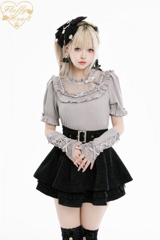 Fluffy Heart Rose Frost Short Sleeve Knitted Black Top Jirai Kei Clothes