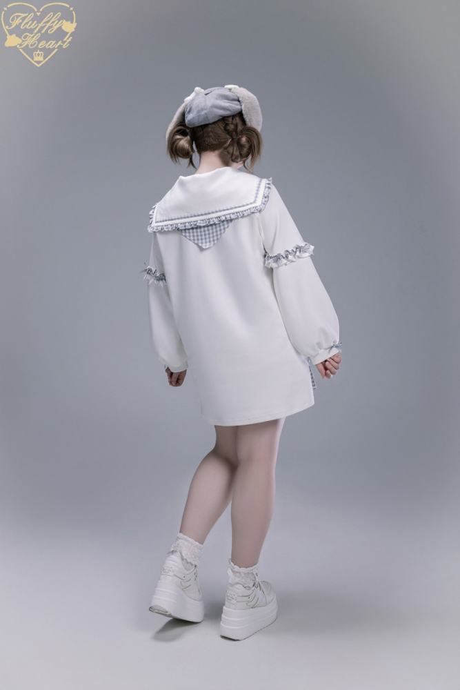 Fluffy Heart Striped Mercury Sailor Collar White Hoodie Jirai Kei Clothing