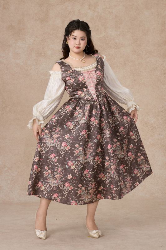 Provence Diary Fake Two Pieces Off Shoulder Floral Plus Size Dresses for Women
