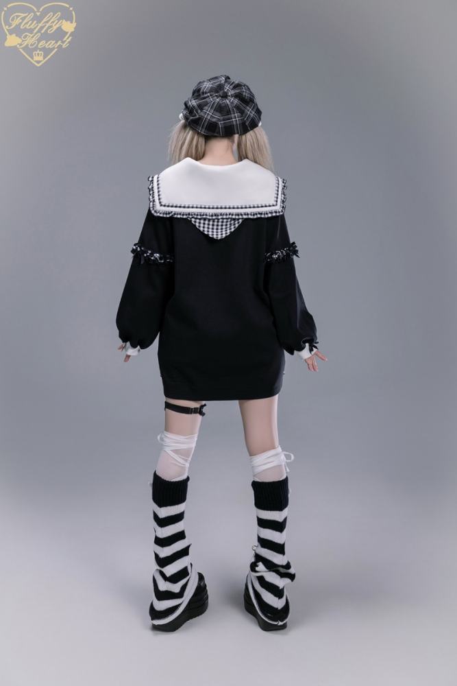 Fluffy Heart Striped Mercury Sailor Collar White Hoodie Jirai Kei Clothing