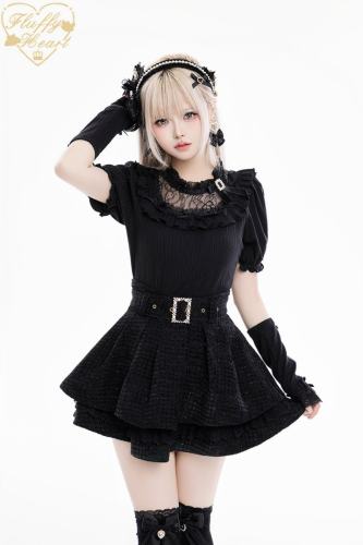 Fluffy Heart Rose Frost Short Sleeve Knitted Black Top Jirai Kei Clothes