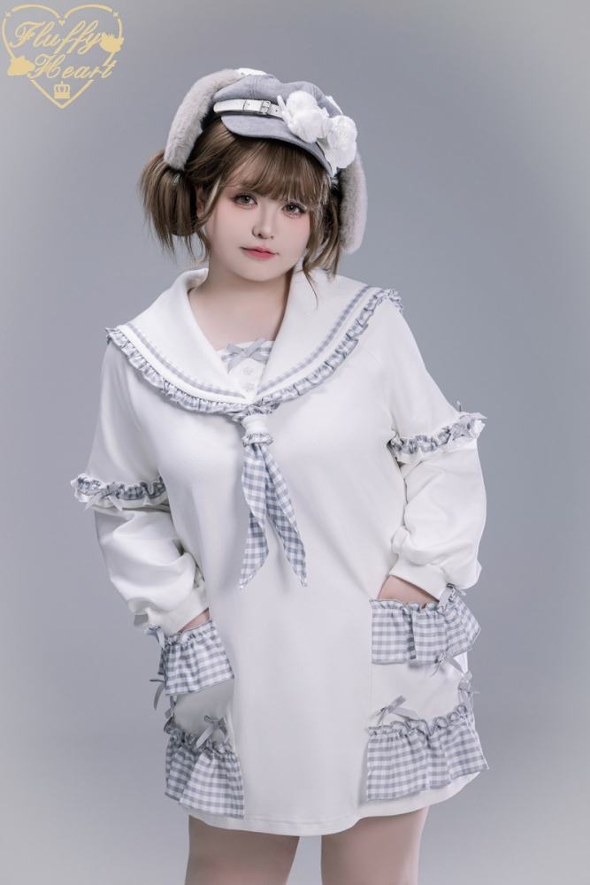 Fluffy Heart Striped Mercury Sailor Collar White Hoodie Jirai Kei Clothing